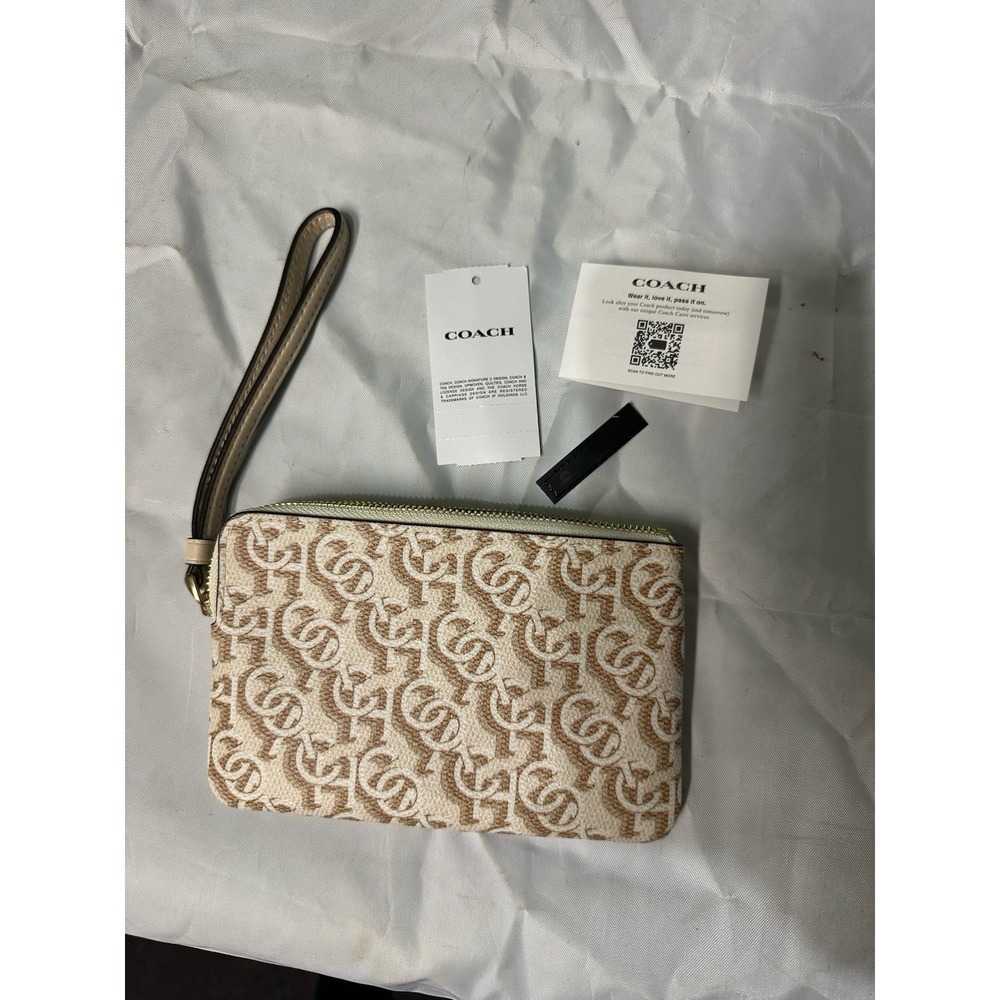 Coach Signature C Monogram Wristlet Beige Brown Zip Pouch NWT